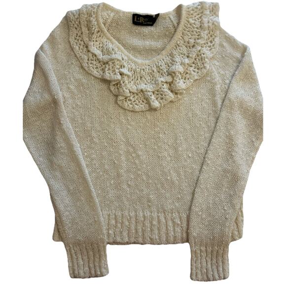 Vtg 80s LeRoy knitwear Ivory Sweater Sz Small Ruffle Crochet Cottagecore Frilly - Picture 2 of 13